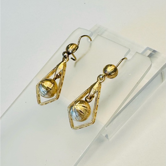 14k Yellow Gold MCM Brushed Gold Dangle Drop Earrings - Picture 3 of 7